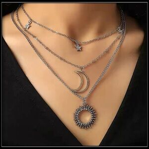 NEW SILVER TRIPLE LAYERED CELESTIAL SUN MOON & STARS CHOKER GOTH BOHO NECKLACE